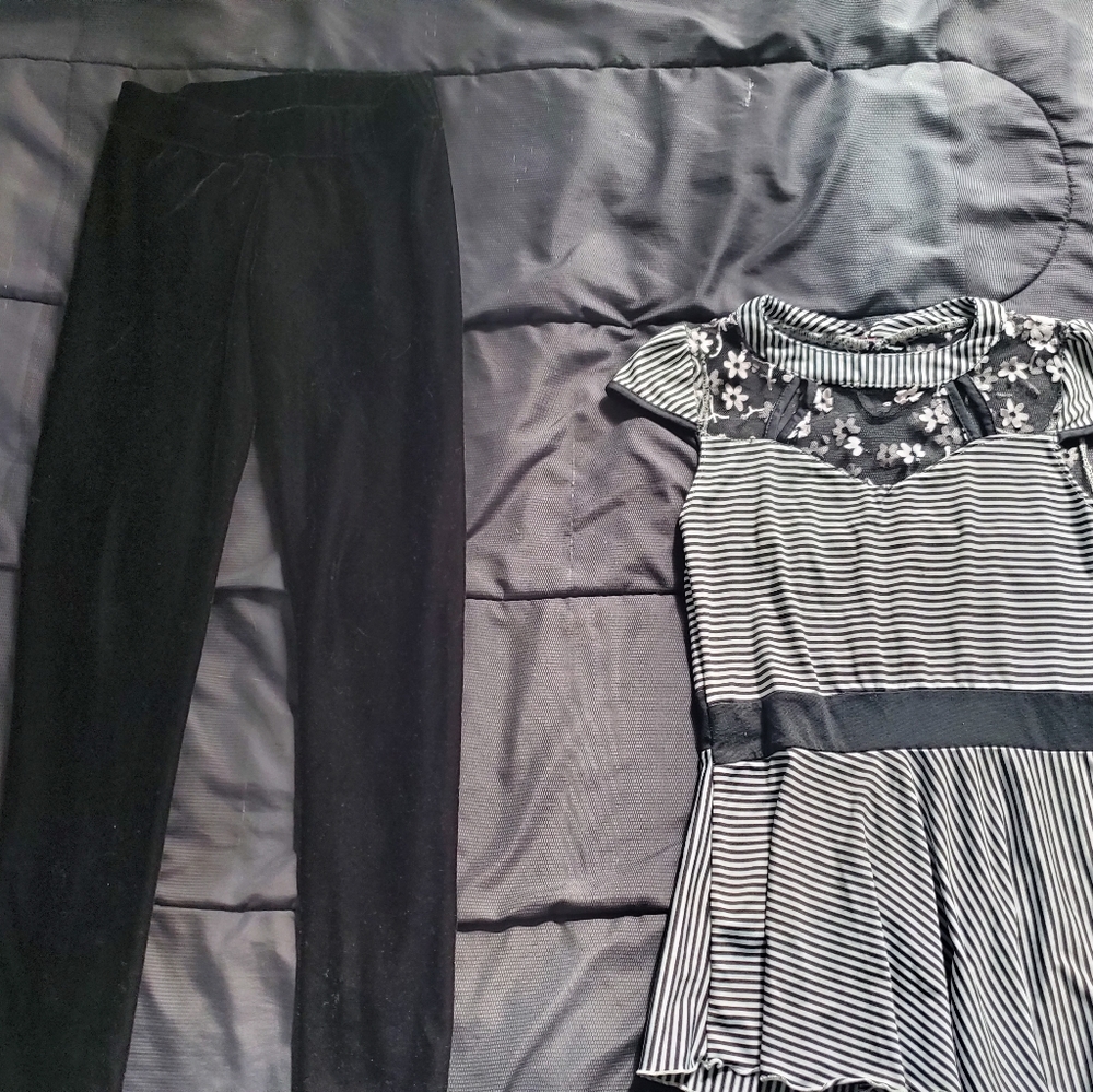 girl large black velour pants with striped peplum top